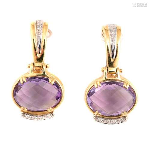 Pair Amethyst, Diamond, 14k Gold Earrings.