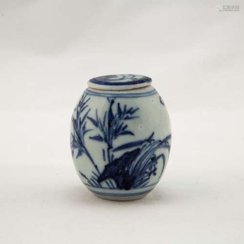 A CHINESE BLUE & WHITE ORCHID WATER POT WITH LID