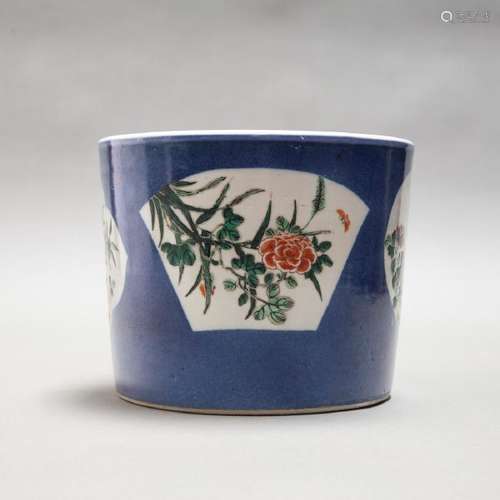 A CHINESE ANTIQUE FAMILLE ROSE BLUE GROUND BRUSH POT