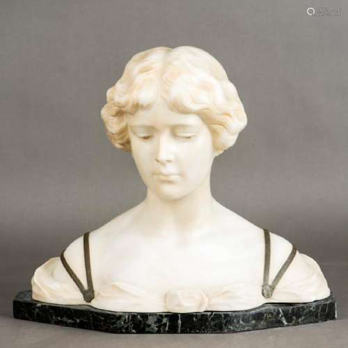 ART DECO ALABASTER, BRONZE YOUNG WOMAN BUST