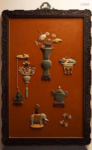 A CHINESE JADE & HARDSTONE INLAYS HANGING SCREEN (Y)