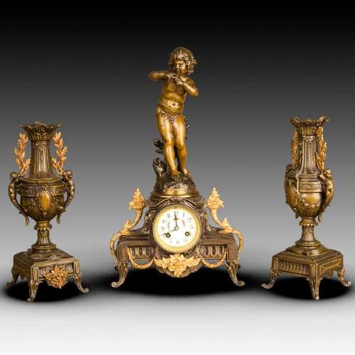 A FRENCH 3-PIECE BRONZE GARNITURE, 19TH CENTURY