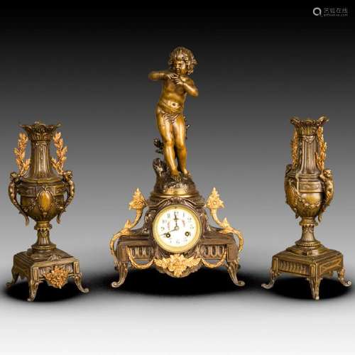 A FRENCH 3-PIECE BRONZE GARNITURE, 19TH CENTURY