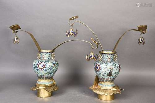 A PAIR OF CHINESE CLOISONNE CHAMPLEVE ENAMEL VASES