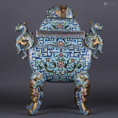 A CHINESE CLOISONNE CENSER AND COVER, LATE QING