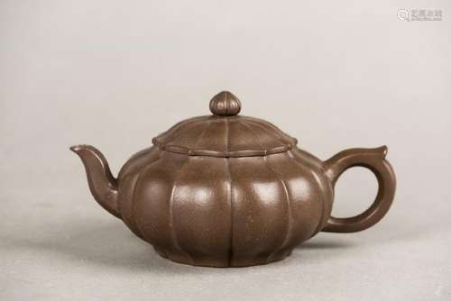 A CHINESE ANTIQUE PUMPKIN-SHAPED ZISHA TEAPOT