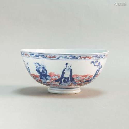 A CHINESE BLUE & WHITE COPPER-RED IMMORTALS BOWL