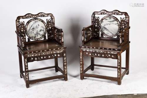 MARBLE INLAID CHINESE HONGMU CHAIRS PAIR (Y)