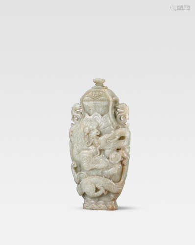 Ming Dynasty A very rare pale green jade 'dragon' vase and cover, hu