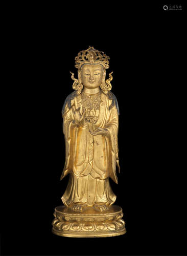 17th/18th century A very rare and fine gilt-bronze figure of Maitreya