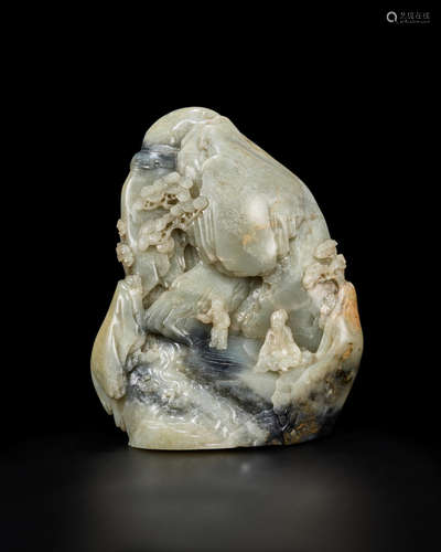 18th century  A rare and large pale green and dark grey jade 'Wang Xizhi and Geese' mountain