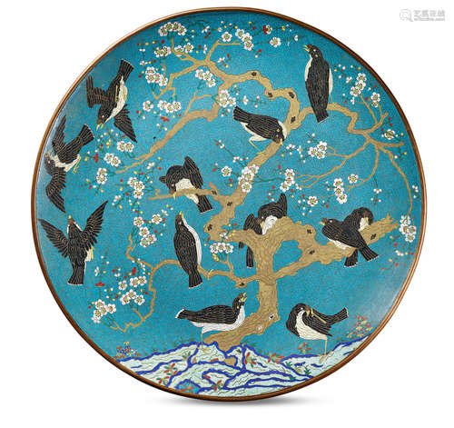 19th century A large cloisonné-enamel 'magpie and prunus' charger