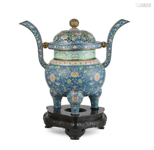 Qianlong red-enamelled four-character mark and of the period A rare Imperial-tribute painted-enamel incense burner and cover, ding