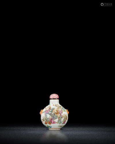 Daoguang seal mark and of the period  A famille rose porcelain 'Eighteen Luohan' snuff bottle