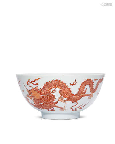 Kangxi six-character mark and of the period A rare Imperial iron-red enamelled 'dragon' bowl