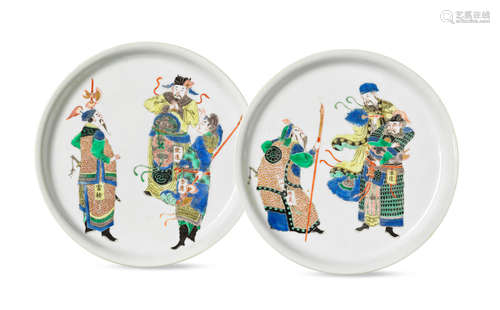 Wenxin Zhai mark, Kangxi A rare pair of famille verte 'Water Margin' dishes