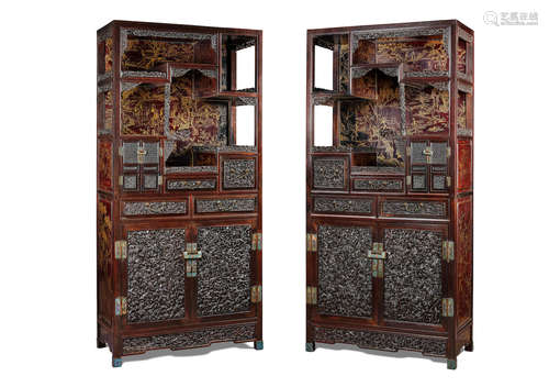 Jiaqing/Daoguang A magnificent pair of Imperial gilt-lacquered zitan-veneered 'Farming and Weaving' display cabinets