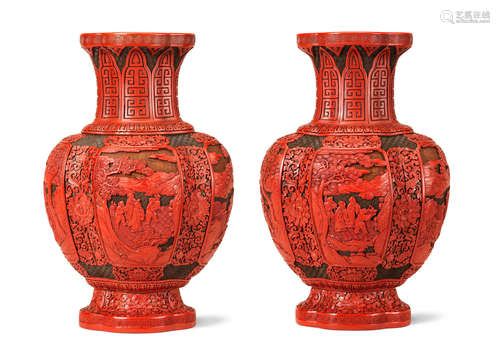 Qianlong  A very rare pair of Imperial carved three-colour lacquer vases