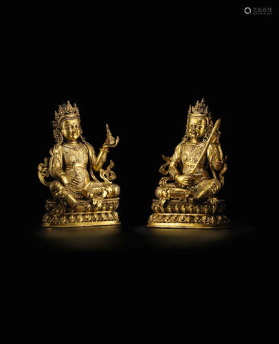 Ming Dynasty An exceptionally rare pair of gilt-bronze figures of Virupaksa, Western Guardian and Virudhaka, Southern Guardian