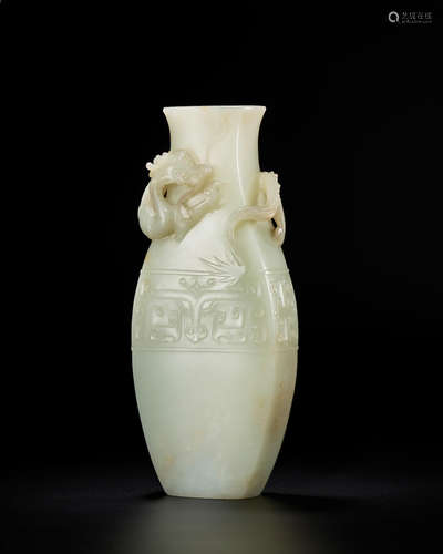 Qianlong A rare and fine pale green jade 'dragon' vase, hu