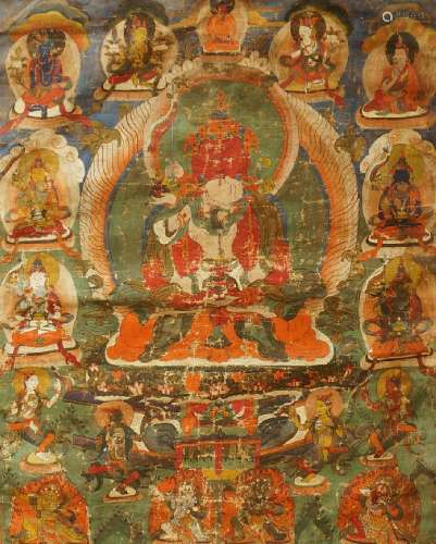 A Tibetan thangka representing Vajrasattva with consort, 19th century, distemper on cloth, the