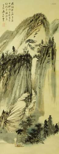 AFTER ZHANG DAQIAN, ink and colour on paper, mountain landscape, 90cm x 35cmPlease refer to