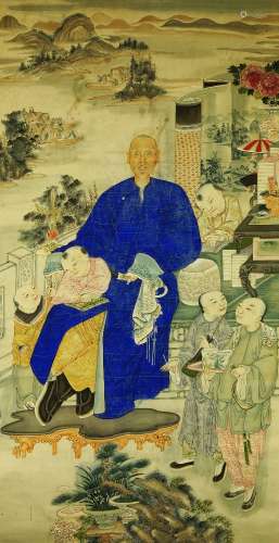 20th century Chinese school, ink and colour on paper, study of a scholar teaching boys, with