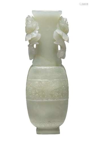 A fine Chinese white jade vase, Qianlong period, carved to the long slender neck with two peonies,