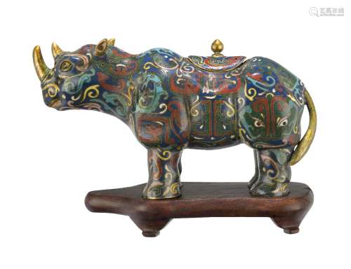 A Chinese gilt metal and cloisonné censer, early 20th century, modelled as a rhinoceros standing