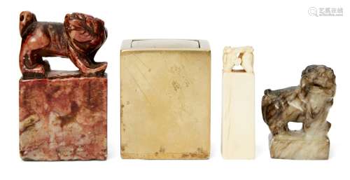Four Chinese seals, 19th-early 20th century, to include a square wood seal encased in bronze,