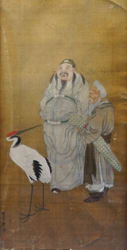 19th century Chinese school, set of three ink and colour on silk, scholars with a crane, scholar's