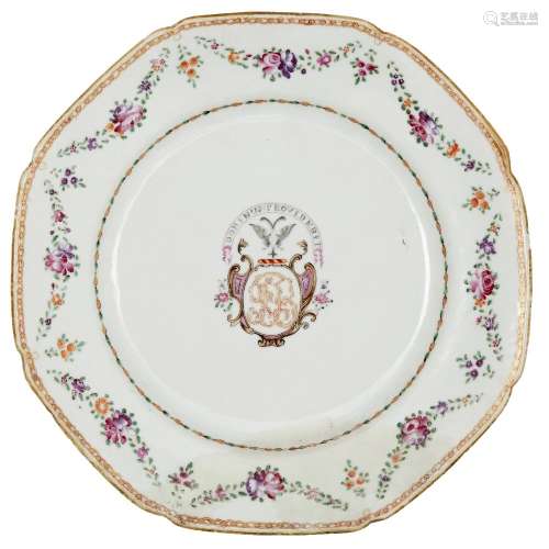 A Chinese export porcelain armorial octagonal plate, 18th century, painted in famille rose enamels