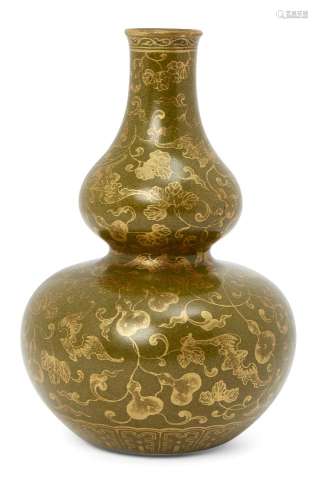 A Chinese porcelain teadust glazed double-gourd vase, Qianlong mark but later, painted in gilt