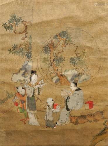 Early 20th century Chinese School, ink and colour on silk, study of figures taking tea in a garden