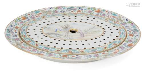 A large Chinese porcelain famille rose oval straining dish, Jiaqing period, the dish painted with