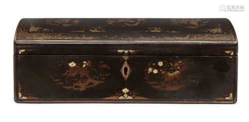 A Chinese lacquered sandalwood domed box, early 20th century, decorated to the cover with roundels