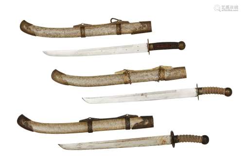 Three Chinese swords (dao), 19th century, each with brass mounted shagreen sheath, one with shagreen