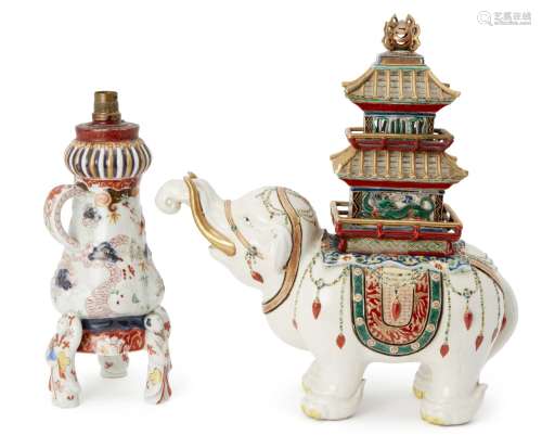A Japanese kutani porcelain elephant incense burner, 20th century, standing four square, with enamel