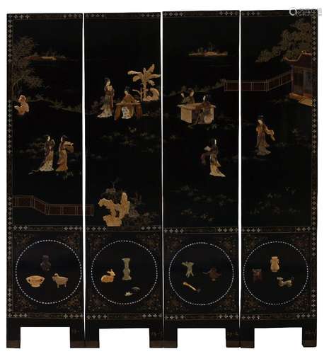 A Chinese four-panel lacquered, painted, and inlaid screen, 20th century, inlaid with soapstone,