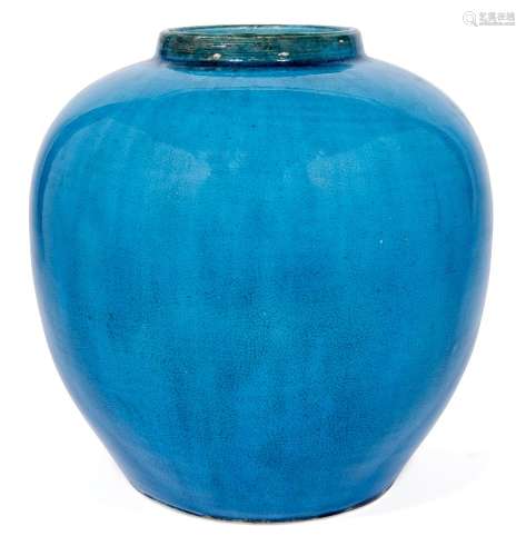 A Chinese porcelain monochrome ginger jar, 19th century, with allover turquoise glaze, 21cm
