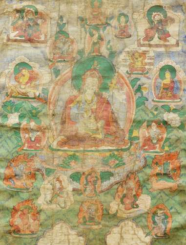 A Tibetan thangka of a Kagyu Lama, late 19th century, distemper on cloth, the central seated