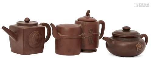 Three Chinese Yixing teapots, early 20th century, one double-section, with lion finial to cover,