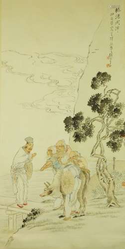 QIAN HUI AN (Chinese, 1833-1911), ink and colour on paper, hanging scroll, figures with ox, 100cm