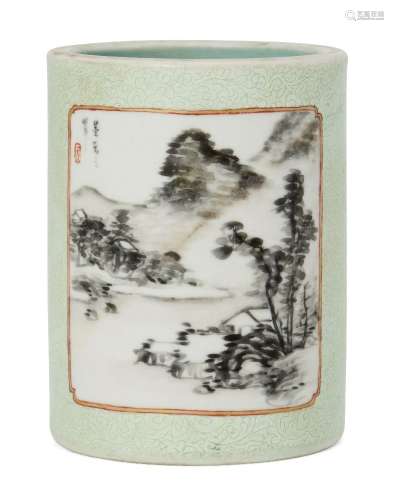 A Chinese porcelain brush pot, Qianlong mark and of the period, set with two panels on a turquoise