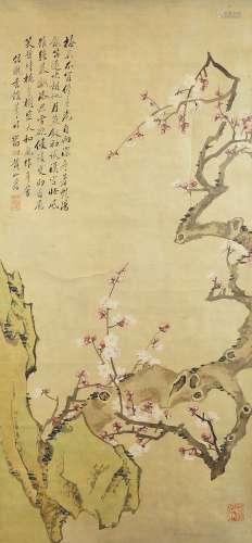 19th century Chinese School, ink and colour on silk, study of plum blossom, colophon to upper