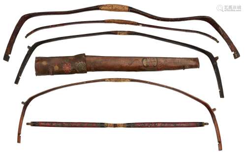 Four Chinese bows, early 19th century, three with cow horn mounts, one decorated with auspicious