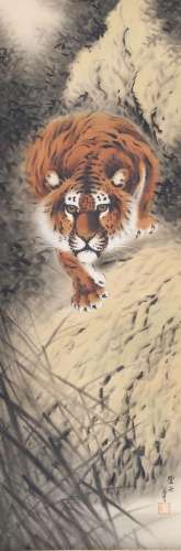 Japanese School, ink and colour on silk, study of a prowling tiger, 212cm x 42cmPlease refer to