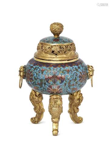 A Chinese cloisonné tripod censer, Qianlong mark, late Qing dynasty, the cover with gilt metal