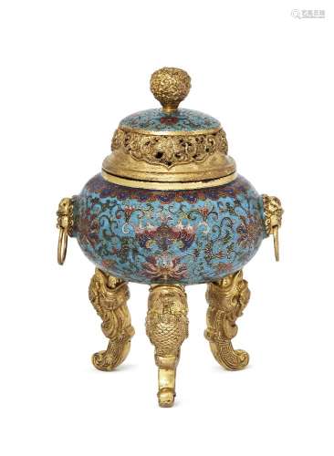 A Chinese cloisonné tripod censer, Qianlong mark, late Qing dynasty, the cover with gilt metal