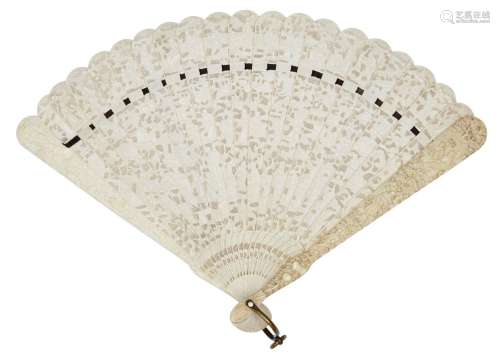 A Chinese Canton ivory brise fan, mid-19th century, carved to each side with figures in an expansive